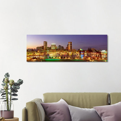 USA, Maryland, Baltimore, City At Night Viewed From Federal Hill Park - Wrapped Canvas Panoramic Print