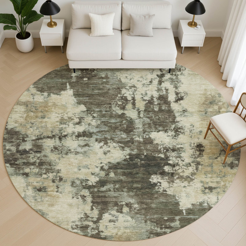 Premium Machine Washable Mayfield AMF2066 Abstract Rug, 8' Round, Brown