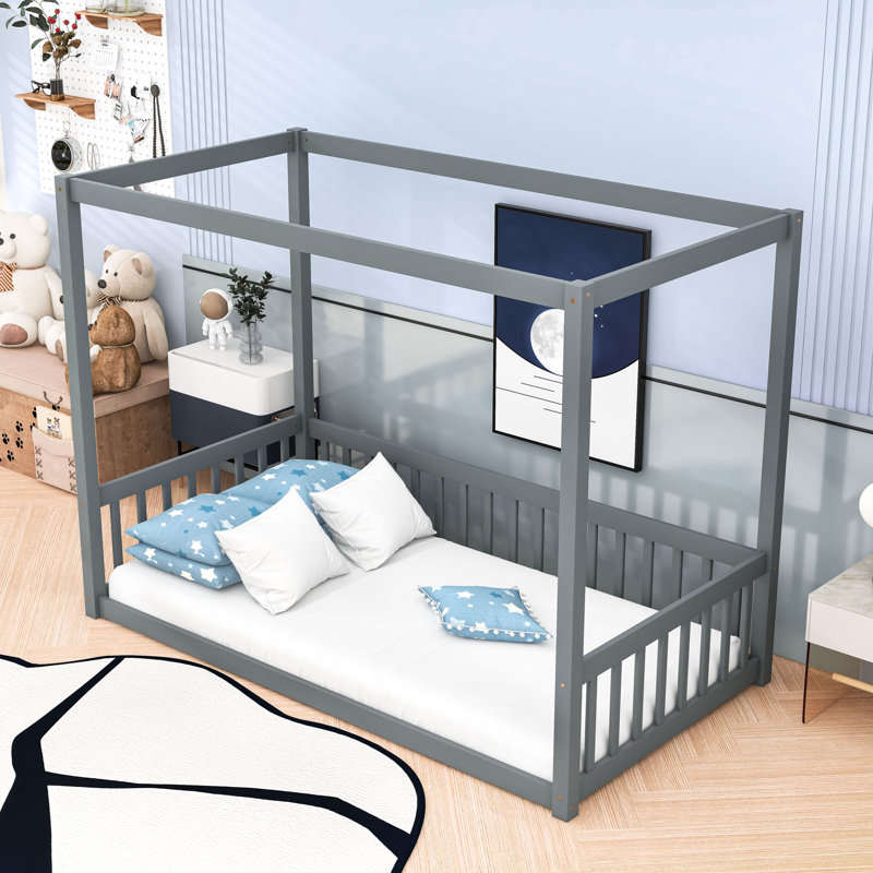Wooden Canopy Floor Bed With Fence, Gray, Twin