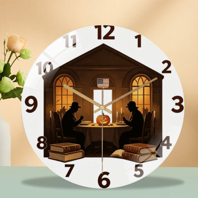 Horloge murale silencieuse en verre trempé de 30 cm, motif « Deux hommes dînent à », sans tic-tac, fonctionne avec des piles AA (non incluses), décoration artistique pour la maison