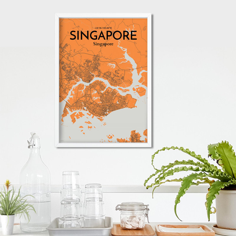 Carte de la ville de Singapour, impression, H 27,6 po x l 19,7 po, Orange / gris