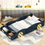 Lit de voiture de course simple bleu foncé + jaune avec rangement pratique, construction, confortable pour une bonne nuit de sommeil, plateforme et espace de rangement, construction en bois fiable