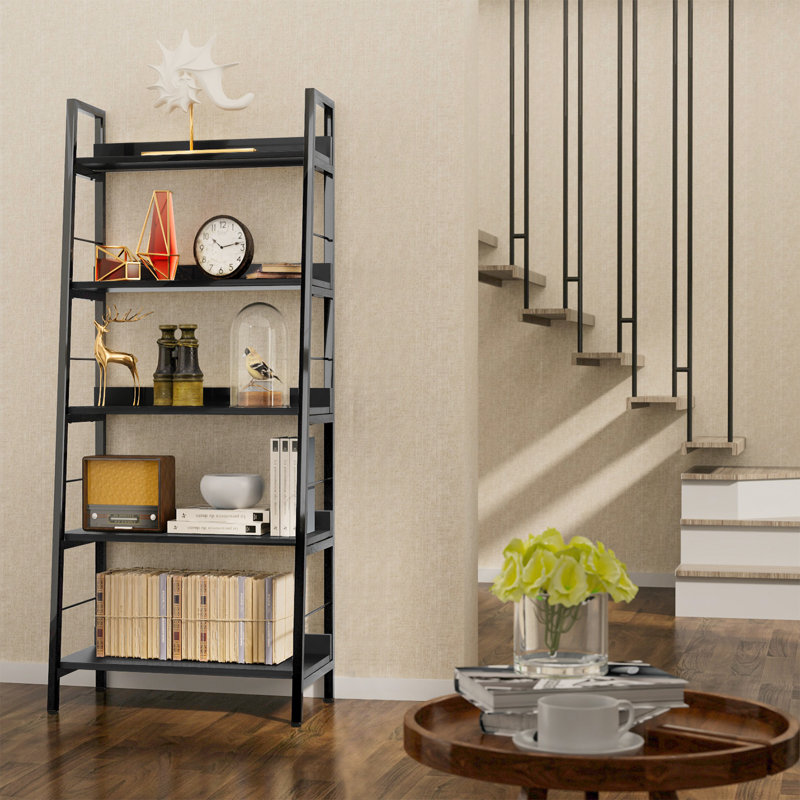 Industrial Ladder Shelf, Rustic 5 Tier Leaning Bookshelf, Wood Metal Ladder Bookcase, Plant Flower Stand Rack Book Storage Shelves For Living Room, Bedroom, Home Office