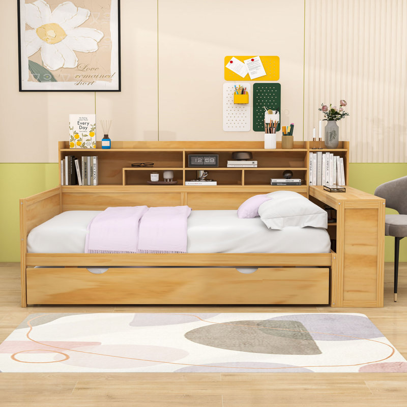 Wooden Daybed with Twin Trundle, Storage Shelves, Full / Double, Natural