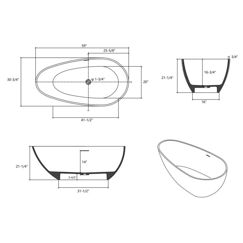 Luxury Handcrafted Stone Resin Freestanding Soaking Bathtub With Overflow, Glossy White, Cupc Certified - Model 24s02-59gw
