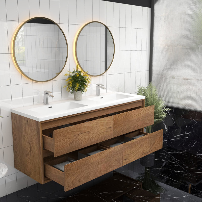 Meuble-lavabo mural double l 59,5 po x P 19,6 po x H 21,75 po Willandra, Teck chêne