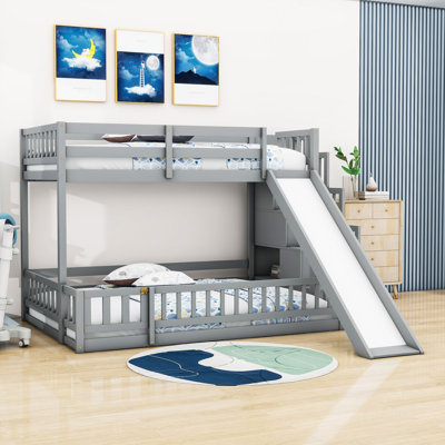 Kaniyha Twin Over Full Wooden Bunk Bed With Slide And Storage Staircase