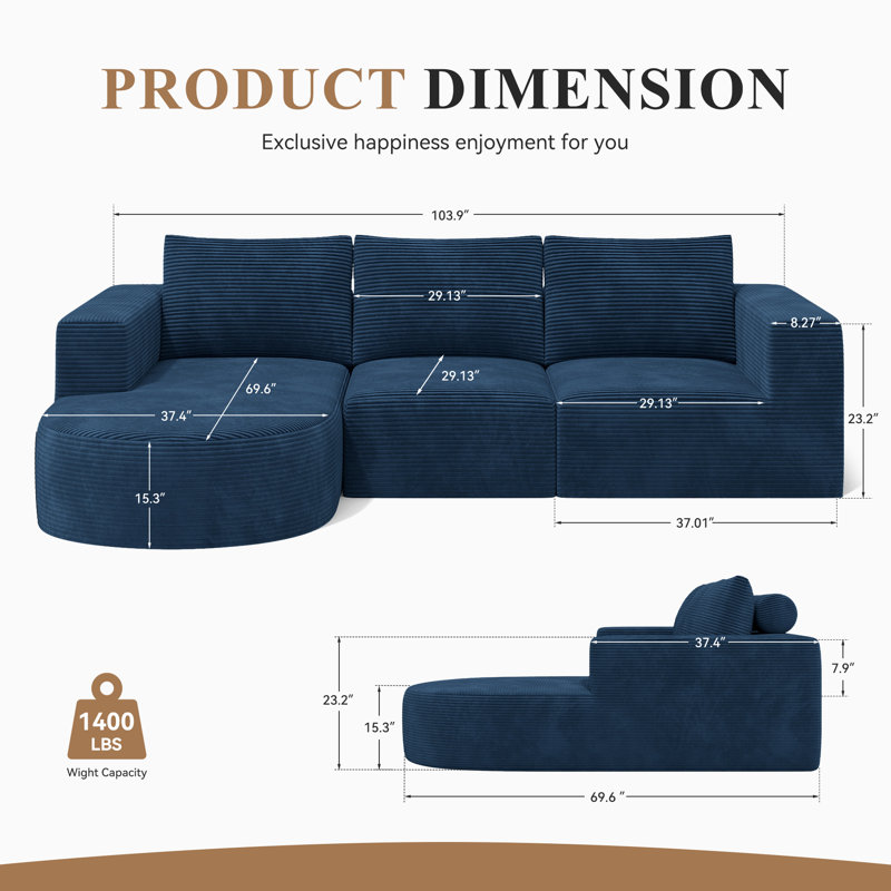 Modern L-Shape Sectional Sofa with Chaise, 105" Modular Extra-Deep Seating Couch, No Assembly Required for Living Room