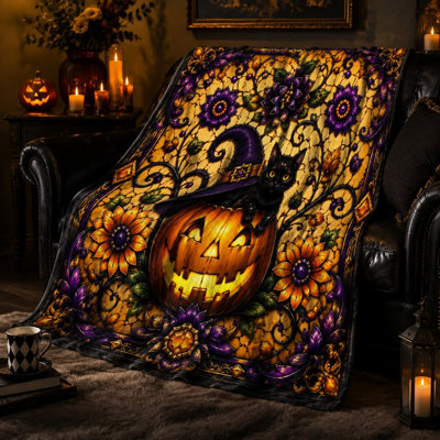 Spooky Halloween Pumpkin Black Cat Fleece Throw Blanket, Cozy Warm Plush Sofa Bedding Blanket for Home Decoration, Room Decor