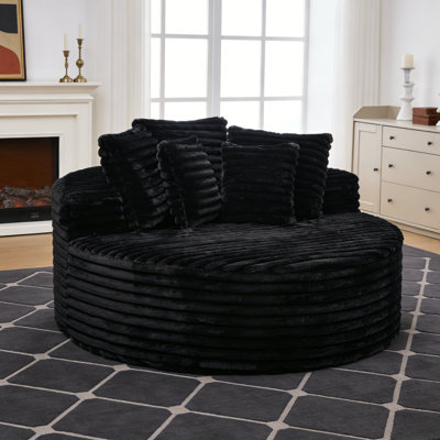 62.9'' Oversized Round Lounge Chaise, Compression Corduroy Cloud Sofa Chair, Large Upholstered Circle Couch with Fluffy Deep Seat, No Assembly Required, Modern Black Sleeper Sofa Bed for Indoor Reading & Relaxation