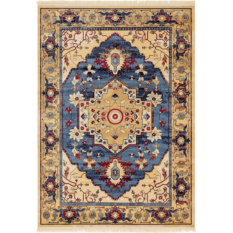 Tapis oriental jaune / bleu Regal, Rectangle 7 pi x 10 pi