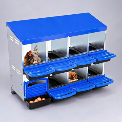Boîte de nidification pour poulets, boîte à œufs roulante à 8 trous avec couvercle, conception robuste en acier galvanisé antirouille - collection Easy Egg, facile à nettoyer (fixation murale sans support, bleu)