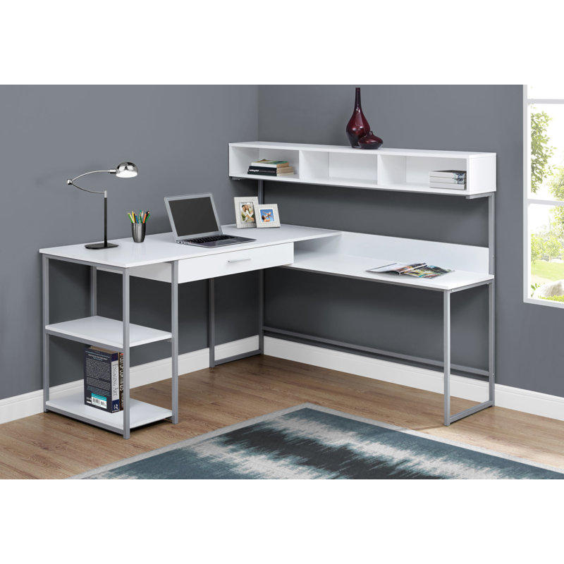 Giordano L-Shaped Metal Base Computer Desk, White/Silver