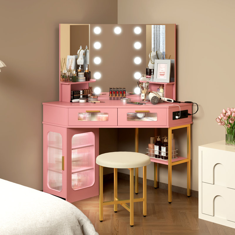 Coiffeuse moderne avec miroir lumineux Chantle, Rose/Or