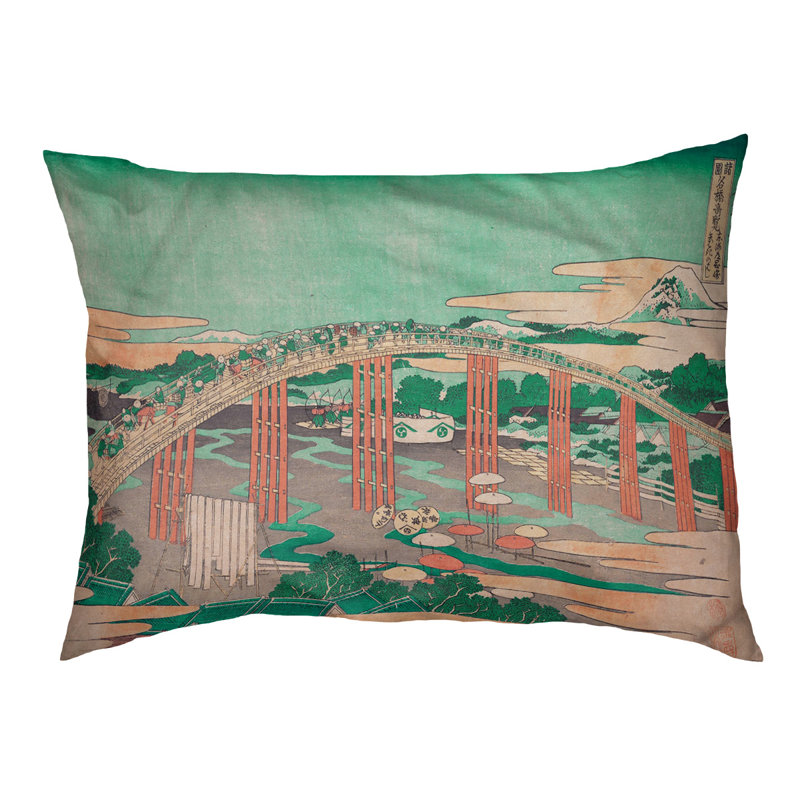 Coussin de conception japonaise bridge Burkart, L 19,5 po x l 29,5 po, Vert / pêche / brun foncé