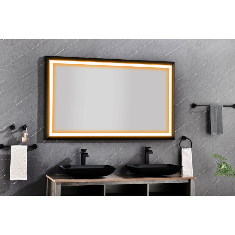 Cadre de salle de bain rectangulaire à miroir mural brouillard à intensité variable, 48,36 po x 82,5 po, Noir