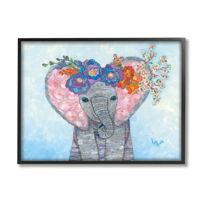 «Baby Elephant & Mouse Decorated Flower Blossoms Collage» par Lisa Morales - peinture à cadre flottant sur toile