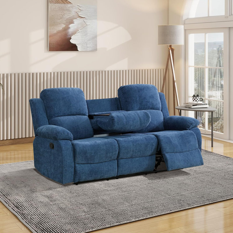3-seater Light Blue Fluffy Fabric Recliner Sofa
