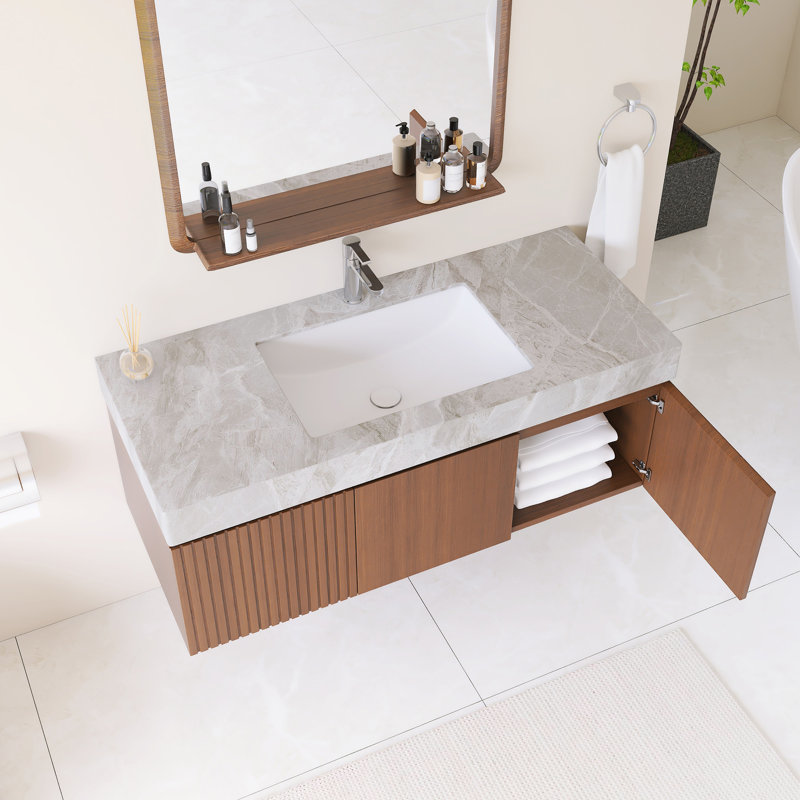 Meuble-lavabo mural simple avec comptoir en pierre frittée gris clair