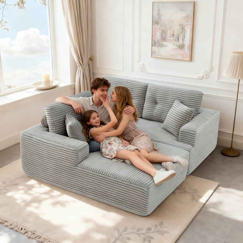 L-Shape Corduroy Sectional Sofa with Cushions, Right Hand Facing, Light Gray Corduroy