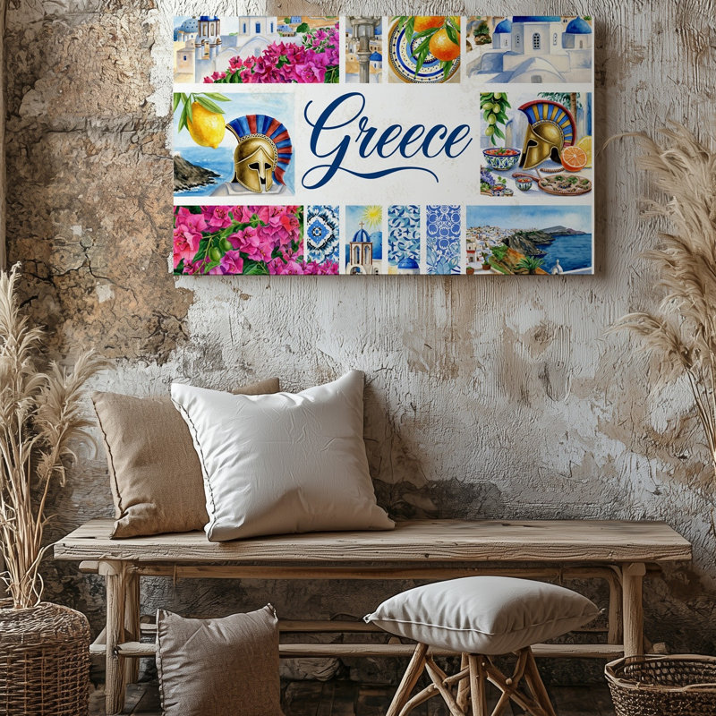 Toile, un collage vibrant d'aquarelle célébrant la Grèce présente des éléments emblématiques tels que l'art du soleil au soleil