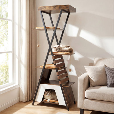 Tour pour chat 73 "à plusieurs niveaux en bois avec perchoir surélevé, grand condo, balles suspendues brun rustique + brun