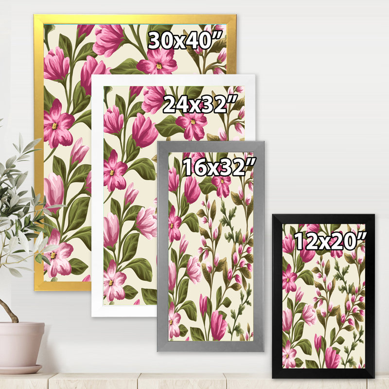 Fleurs roses rétro - peinture sur toile, H 32 po x l 16 po x P 1 po, Cadre photo noir