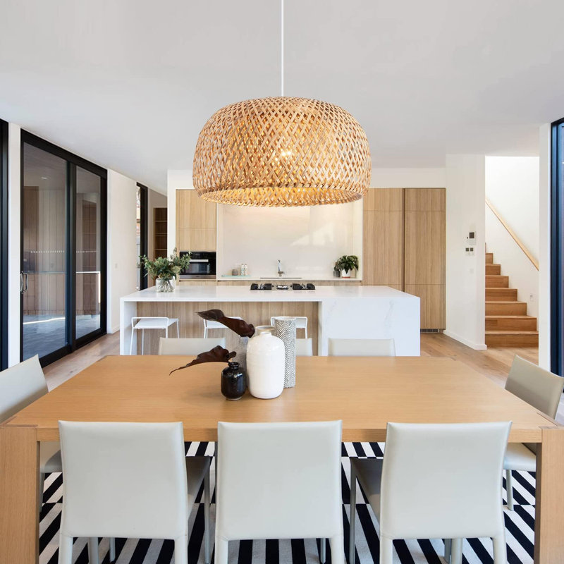 Hand-Woven Bamboo Pendant Light Fixture - Natural Rattan Chandelier For Kitchen Island, Dining Room & Bedroom Ceiling - UL Certified Adjustable Hanging Light With E26 Socket