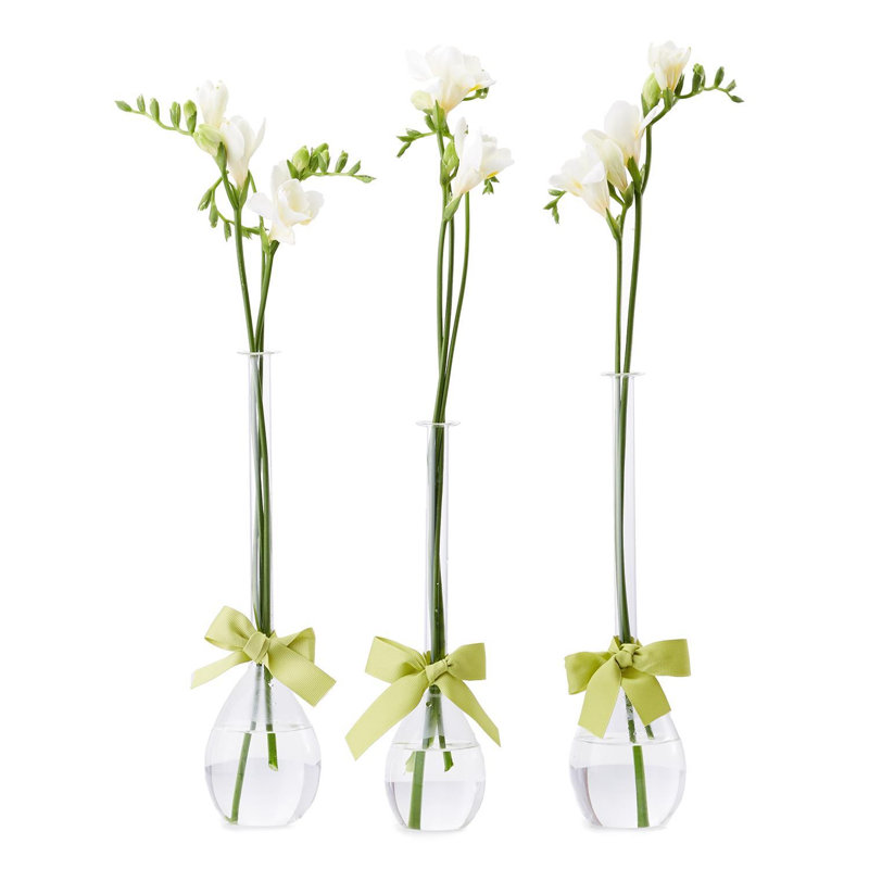 Set of 3 Hand Blown Glass Teardrop Vases 10" H With Sage Green Ribbon Sleek And Chic