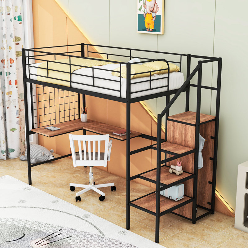 Metal Loft Bed With Desk And Staircases, Twin, Black