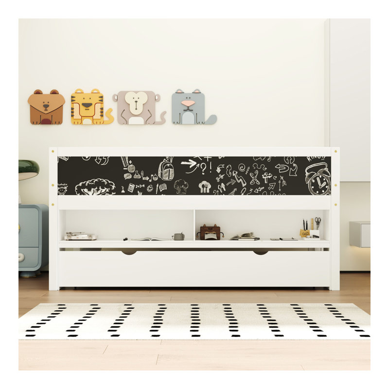 Lit mezzanine bas simple en bois avec tablettes de rangement, tableau noir et lit gigogne, blanc