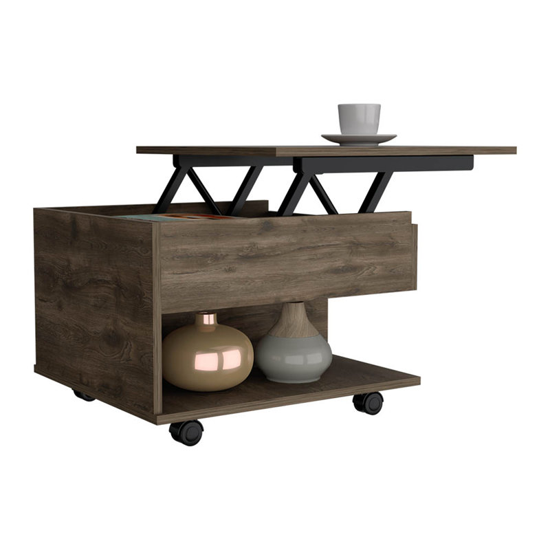 Lift Top Coffee Table, Casters, One Shelf, Brown, Brown
