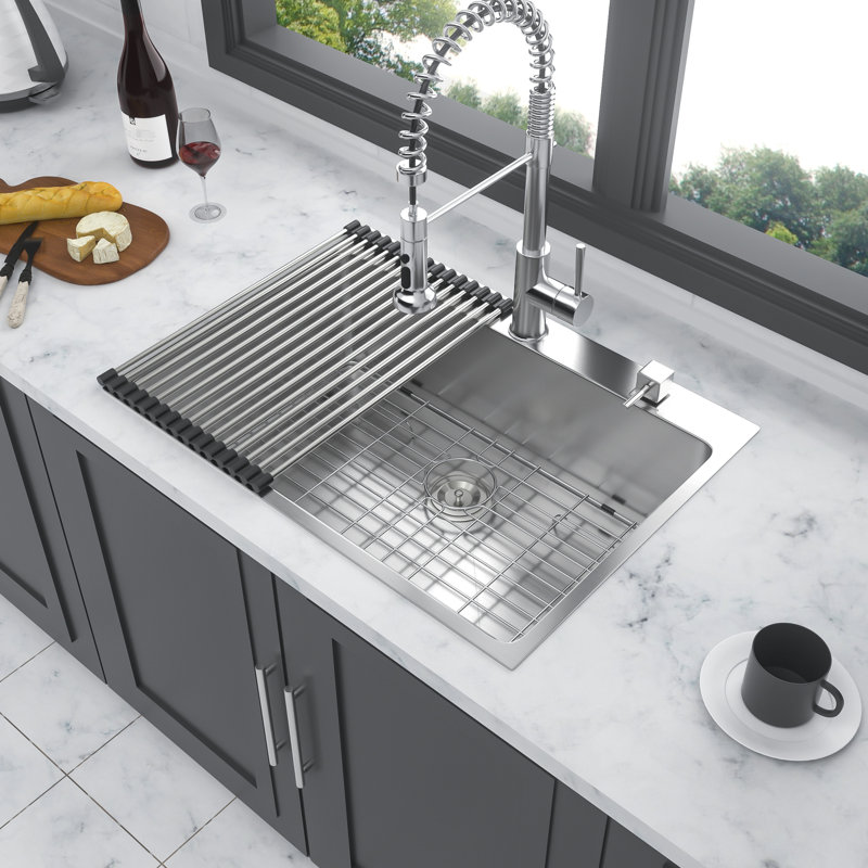 Lavabo encastré en acier inoxydable 25 po, matériau de calibre 16, rembourrage insonorisé, bol simple avec drainage optimal, filtre à panier inclus et instructions d'installation, lavabo insonorisant efficace