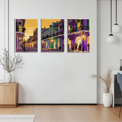 New Orleans Street Scene Canvas Wrapped Wall Art Oil Painting Print Set of 3