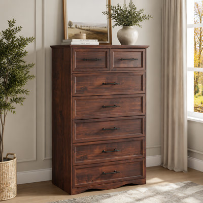 Commode 7 tiroirs pour chambre à coucher, commode de 52 po de hauteur avec poignée en métal brossé, salon, couloir, noyer