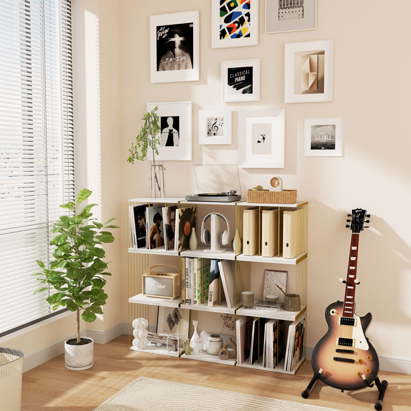 Vinyl Record Holder Up To 80 Album, 3-compartment Record Player Stand For Magazine, Books White, White/Gold
