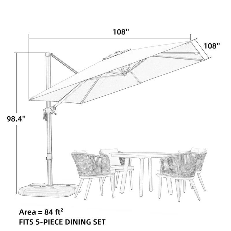 Grand parasol carré en porte-à-faux de 9 pi avec base et rotation à 360 degrés, Blanc