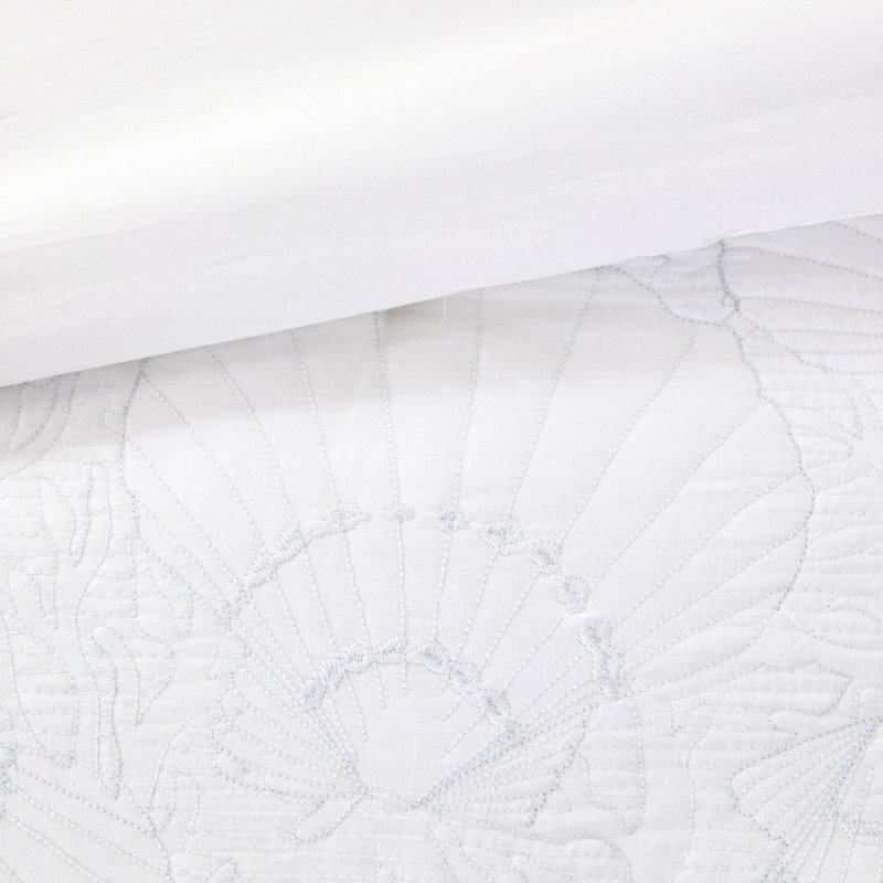 Édredon pour grand lit 100% coton, matelassé bleu en thème coquillage pour une allure invitante, comprend un édredon, une jupe de lit et 2 taies décoratives, rembourrage blanc, avec 1 rembourrage, texture douce