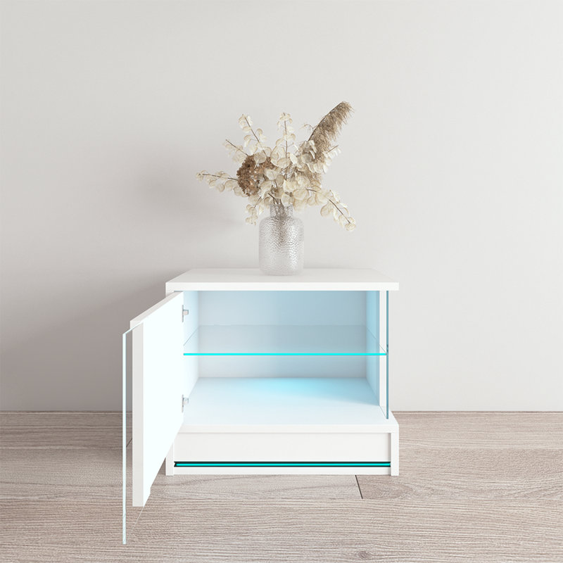 Bozarth 21.6" Nightstand with 16-Color LED Lighting, High Gloss Finish, White