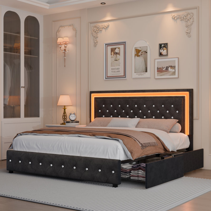 Structure de lit tapissier avec lumières DEL Rhythm Sync, tête de lit capitonnée à losange réglable, 4 tiroirs de rangement, aucun sommier requis, velours noir