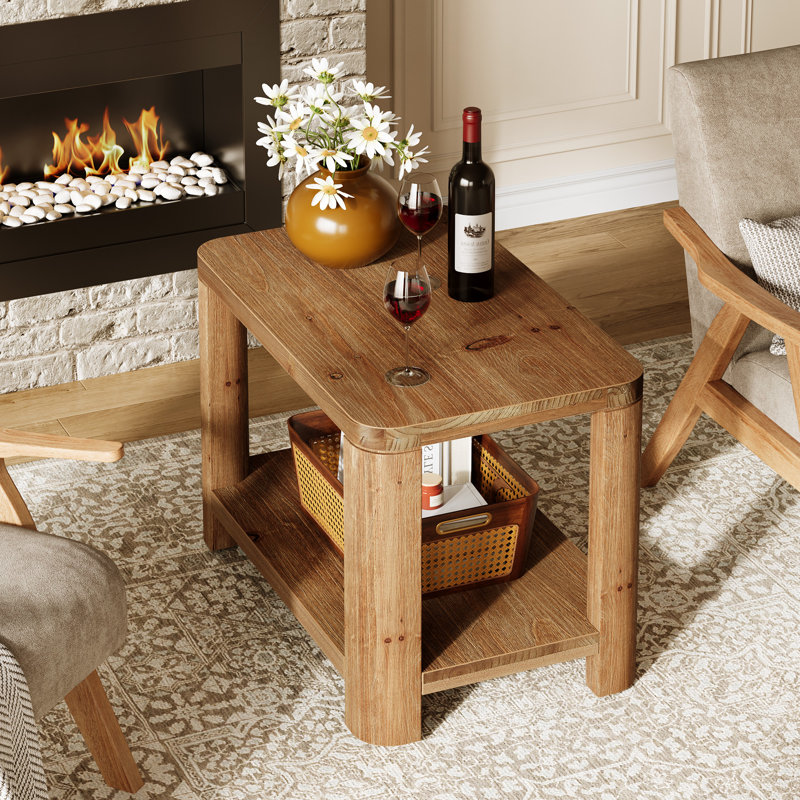 Solid Wood End Table, 2-Tier Couch Side Table with Storage, Rectangle Bedside Nightstand Table for Bedroom, Living Room