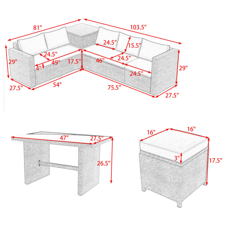 6Pcs Outdoor PE Rattan Sofa Set with Adjustable Seating, Storage Box and Tempered Glass Table, Gray, Gray