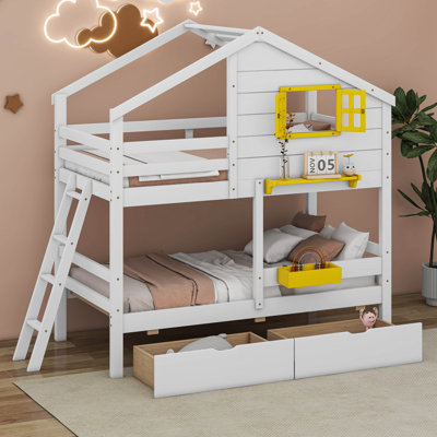 Twin over Twin Bunk Bed with 2 Drawers, 1 Storage Box, 1 Shelf, Window and Roof -  Cosmic, COS80016089AAK-1