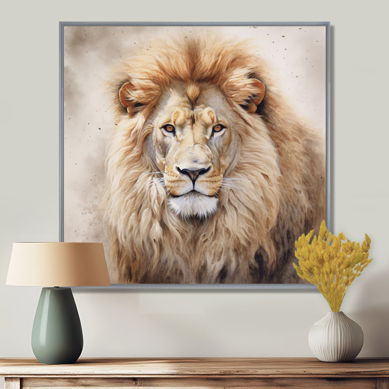 Fierce Lion II - Lion, art mural, H 16 po x l 16 po x P 1 po, Encadrement argenté