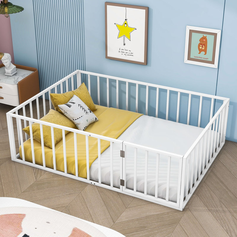 Idonah Metal Floor Bed with Fence and Door, Full, White