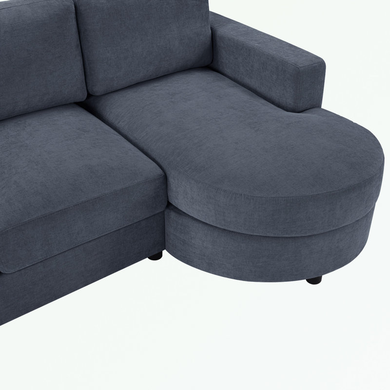 Canapé en L avec méridienne incurvée, ports USB et poches de rangement latérales, Chenille bleu
