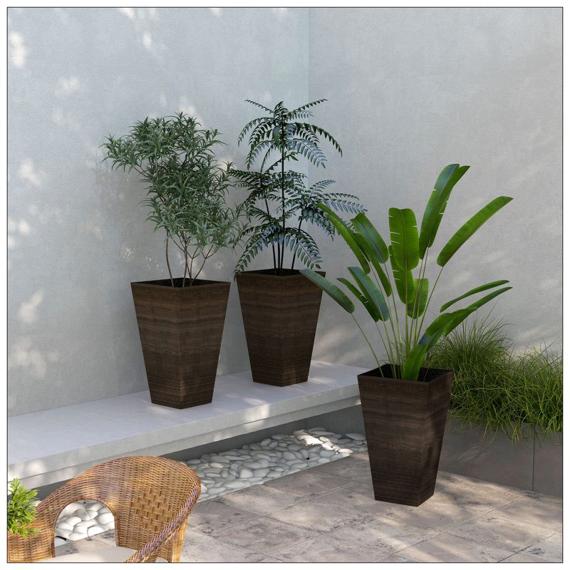 Set Of 3 Tall Planters With Drainage Hole, 28" Outdoor Flower Pots, Indoor Planters For Porch Patio And Deck, Brown