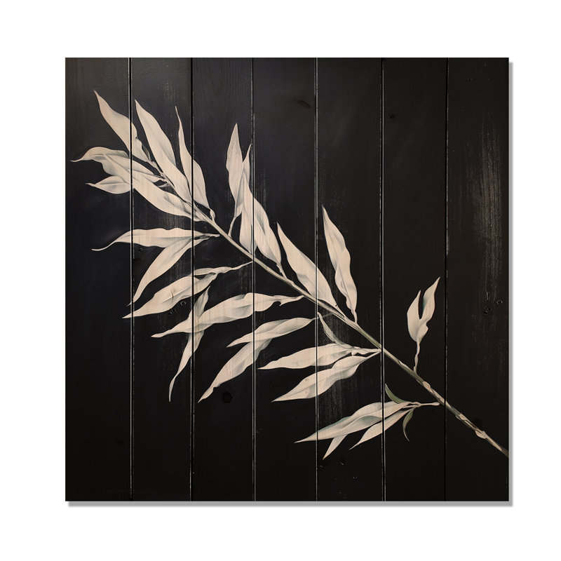 Willow Leaves In White I - Leaves Wood, art mural sur bois de pin naturel, H 30 po x l 30 po