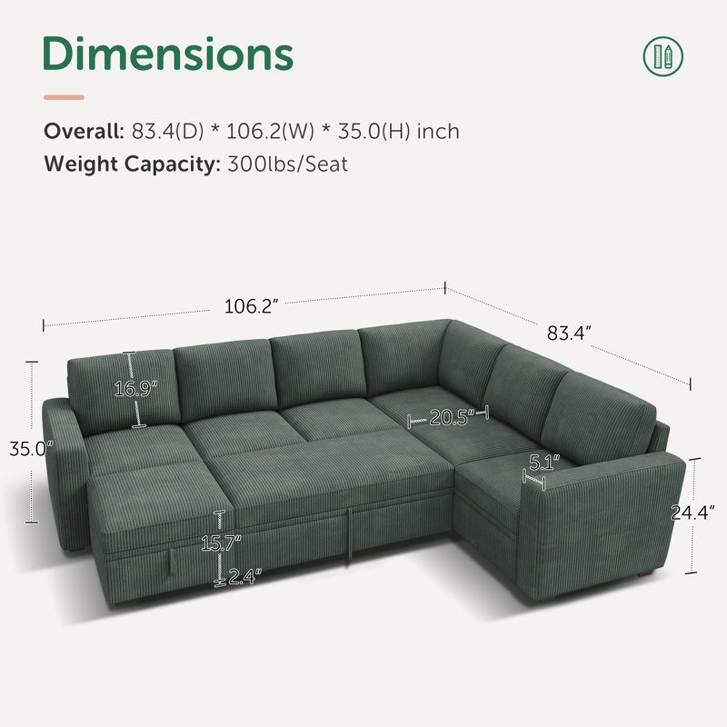 Canapé-lit modulaire en U avec rangement Anureet Latitude Run®, Velours côtelé vert