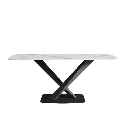 63-Inch Modern Artificial Stone White Straight Edge Black Metal X-Leg Dining Table -6 People